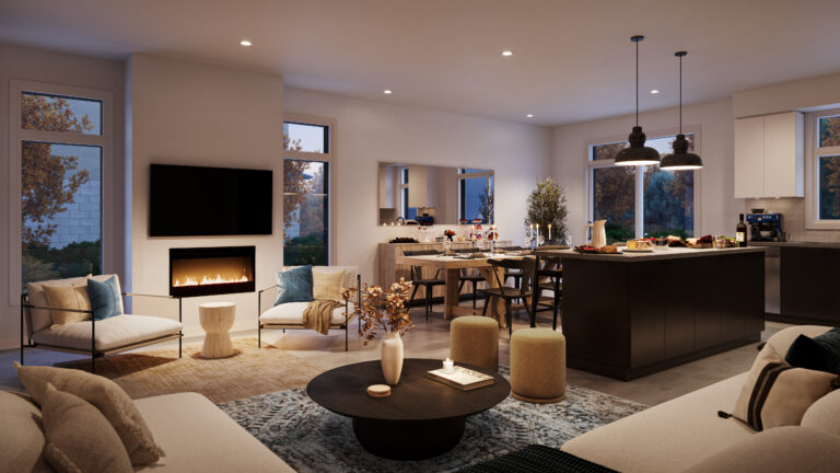 Open-concept kitchen, dining, and living room in the Marigold Model at Wild Indigo Homes