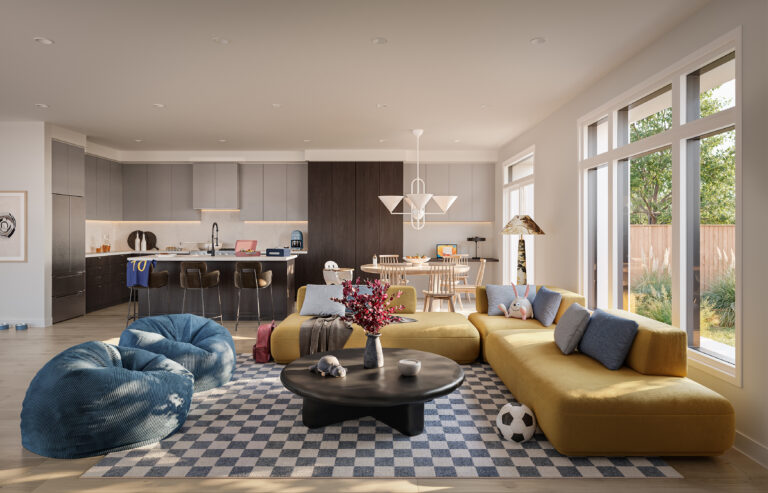 Spacious kitchen and living room with modern furnishings in the Bellflower Model