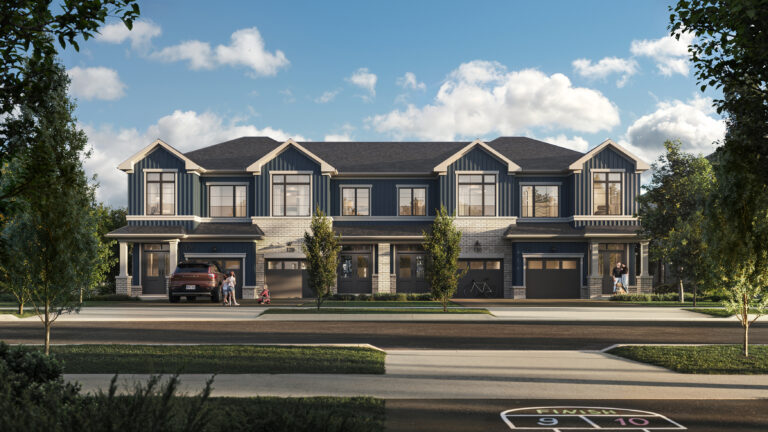 Row of townhomes with modern farmhouse elevation at Wild Indigo